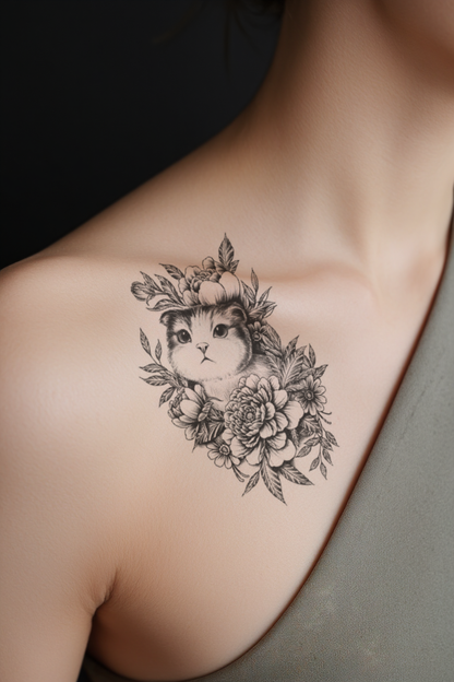 Cat Amidst the Flowers Semi Permanent Tattoo